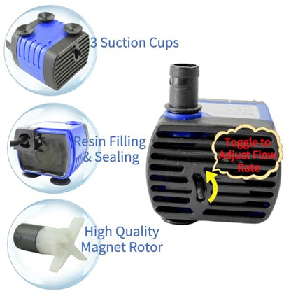 Conquerall CHA-220 240L/H 60GPH AC 110V Submersible Pump 3W Mini Ultra Quiet Water Pump 1.64ft High Lift for Fish Tanks, Small Ponds, Fountains, Water Features, Statues, Hydroponics and Pet Fountains - size: 60GPH-3W