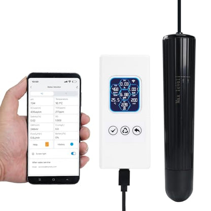 Smart Aquarium Water Quality Monitor 7-in-1 pH, Temperature, TDS, EC, Salinity, ORP & Specific Gravity Real-Time Alerts with App Control, Replaceable Probe for Freshwater, Saltwater, Reef & Ponds