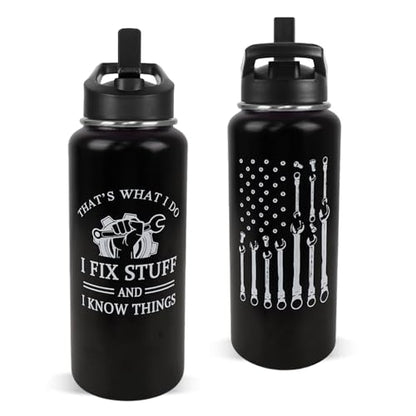 Mechanic Water Bottle with Straws Garage Insulated Water Bottle Gifts for Men,Father,Dad,Grandpa,Husband,Car Guy,Anniversary,Fathers Day Travel Thermal Double Walled Vacuum Cup-32 oz - color: black mechanic