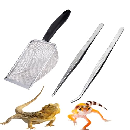 Reptile Sand Substrate Scoop Reptile Sand Fine Mesh Reptile Scooper Stainless Steel Terrarium Substrate Sand Bedding Litter Cleaner Scoop and Reptile Long Feeding Tongs Set (Black-2mm) - color: Black-2mm