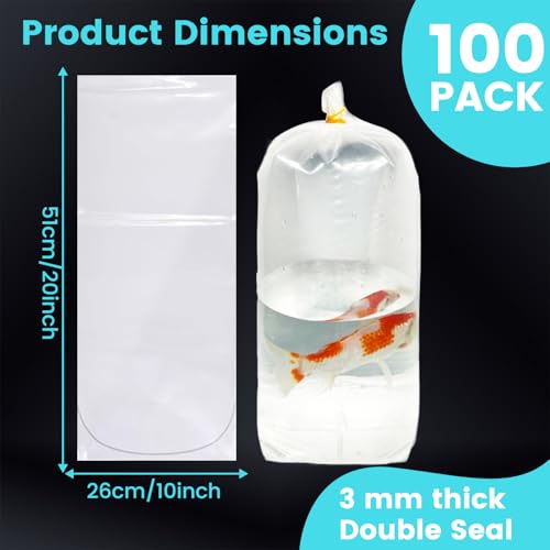 100 Pack Live Fish Bags, 10x20” Round Bottom Double Seal Clear Fishery Bags, Leak-Proof Fish Transport Shipping Bag, HDPE Bag for Freshwater & Saltwater (Ultimate 3 mil)