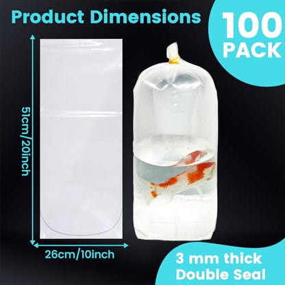 100 Pack Live Fish Bags, 10x20” Round Bottom Double Seal Clear Fishery Bags, Leak-Proof Fish Transport Shipping Bag, HDPE Bag for Freshwater & Saltwater (Ultimate 3 mil)