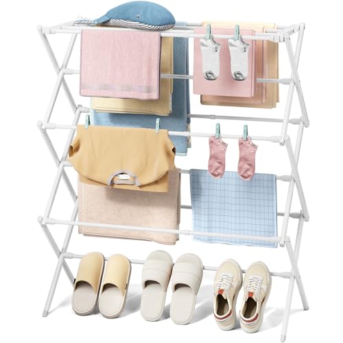 KINGBOARD 3-Tier Extendable Clothes Drying Rack, Small & Foldable, White | 37.4"H x 33.8"W x 11.2"D, Space-Saving Collapsible, Easy Assembly, Rust-Resistant Iron Frame, Indoor Outdoor Use, 25lb - color: White