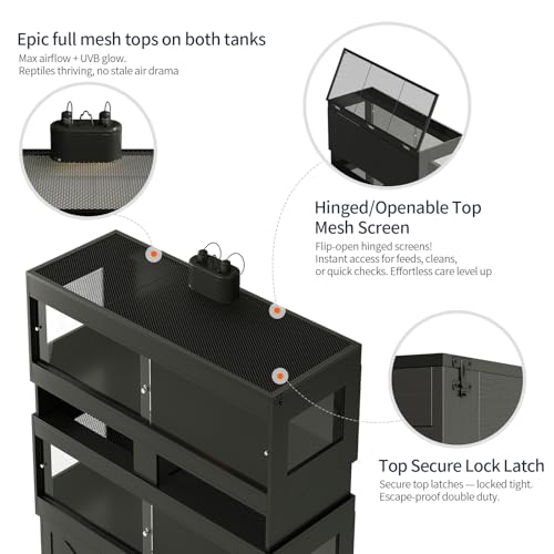 Dual 60 Gallon Reptile Tank with Stand,Reptile Enclosure,Bearded Dragon Tank,Reptile Terrarium with Cabinet,Sliding Doors,Power Outlet for Snakes,Lizards,Crested Geckos Black CAGE003B