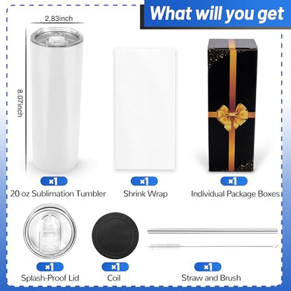Joyclub Sublimation Tumblers Blanks 20 oz Skinny Straight Tumblers Bulk Stainless Steel Insulated Sublimation Cups with Lids and Straw, Gift Box - color: White 1 Pack