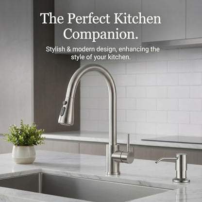 Kitchen Faucet with Soap Dispenser: 304 Stainless Steel Kitchen Sink Faucets with Pull Down Sprayer 3 Modes, Single Handle High Arc Mixer Taps for Sink, RV, Laundry, Bar (Brushed Nickel) - color: Brushed Nickel, style: Contemporary