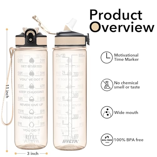 Hyeta Water Bottle with Straw & Time Marker, Plastic 32oz Leakproof - color: Clear Amber