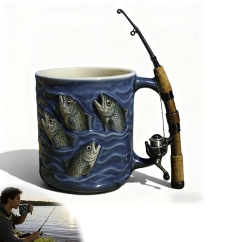Fishing Mug, Funny Fishing Rod & Reel Design Coffee Mug, Resin Water Cup With Simulated Fishings Line Decoration And Rotating Rod Shaped Handle, Fishings Gift For Men, For Chocolate Tea Wine