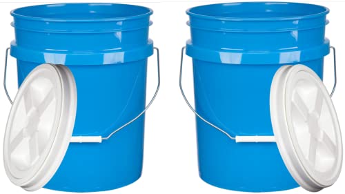 5 Gallon Bucket Pail with Air Tight White Screw on Lid - Food Grade-BPA Free - (Pack of 2) - Made in USA Buckets