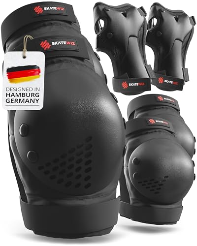 SKATEWIZ Skateboard Pads Protective Gear Set for Kids and Adults - Smash - Roller Skate Pads [6pc] with Wrist Guards - Skating Protective Gear - Roller Derby - color: Black, size: L/XL - Adults