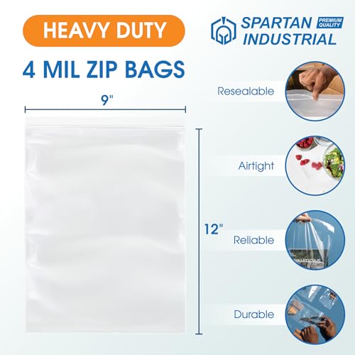 Spartan Industrial - 9” X 12” (100 Count) 4 Mil Thick Clear Reclosable Zip Plastic Poly Bags with Resealable Lock Seal Zipper - Heavy Duty and Durable - size: 9" X 12"