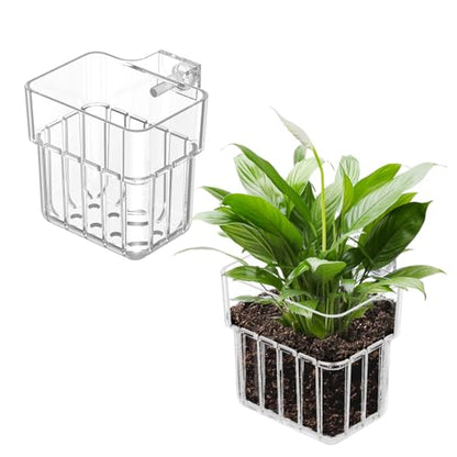 Pawfly 2 Pcs Clear Acrylic Aquarium Plant Holder for Fish Tanks, Top Hanging Fish Tank Planting Holder with Hook, Adjustable Aquarium Planter Cup
