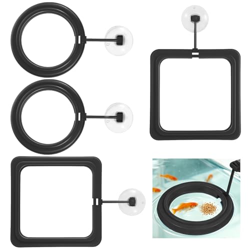 4 Pcs Fish Feeding Ring, Round & Square Floating Aquarium Feeding Ring with Suction Cup, Easy to Use for Betta, Goldfish, Guppy, Turtle & Small Fish (Black)