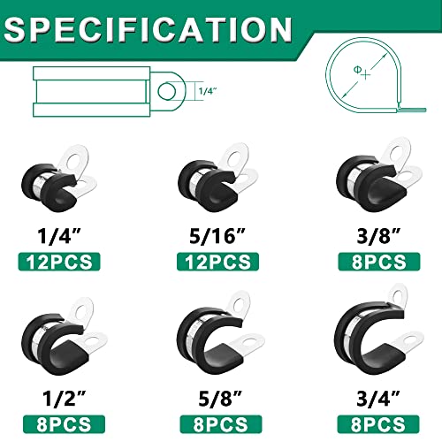 56PCS Cable Clamps Assortment Kit,6 Sizes—1/4" 5/16" 3/8" 1/2" 5/8" 3/4" Stainless Steel Rubber Coated Cushioned Insulated Cable Clamp,Automotive Cable Wire Clamps,Pipe Clamps,Metal Clamp