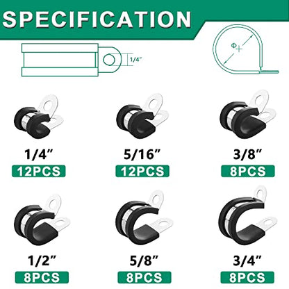 56PCS Cable Clamps Assortment Kit,6 Sizes—1/4" 5/16" 3/8" 1/2" 5/8" 3/4" Stainless Steel Rubber Coated Cushioned Insulated Cable Clamp,Automotive Cable Wire Clamps,Pipe Clamps,Metal Clamp