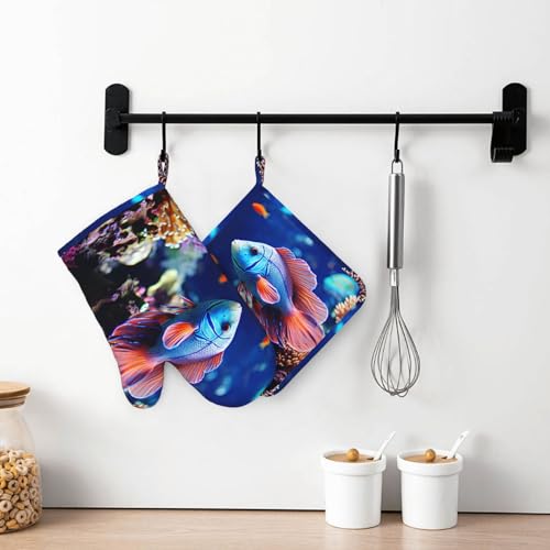 Coral Reef Fish Aquarium Oven Mitts and Pot Holders Sets of 2 Heat Resistant Silicone Oven Gloves Hot Pad Non-Slip Long Oven Mitts Potholders Extra Thicken Kitchen Mittens for Cooking
