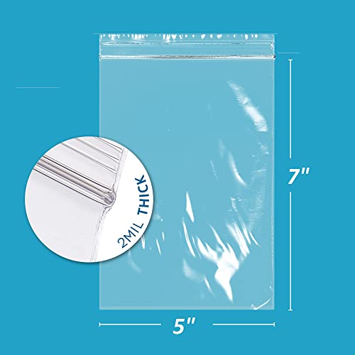 5" x 7" Zip Bags - 200 Count, Small, Clear Plastic Reclosable Zipper Poly Baggies, 2 Mil, with Resealable Zip Top Lock for Packaging Food Storage, Snacks, Candy, Office Supplies & More.