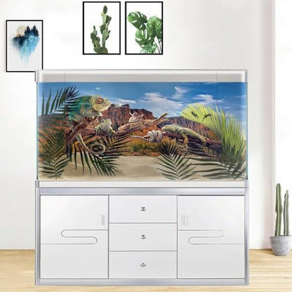 48X18IN Desert Rock High Mountain Cactus Oasis Reptile Habitat Background, Natural Blue Sky Sun Desert Themed Terrarium Background, Aquarium Background with 10 EVA Double-Sided Tape - size: 48X18in/120X45cm
