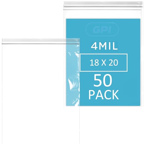GPI - 18" x 20" Extra Large Reclosable Zip Bags - 4 Mil Heavy-Duty - Pack of 50 - Clear Plastic Zipper Lock Bags, Resealable Poly Baggies For Clothing, Tools, Travel, Storage & Packaging. - color: 4 Mil Heavy-Duty, size: 18" X 20"