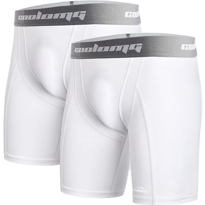 COOLOMG 2-Pack Youth Boys Compression Shorts with Cup Pocket Baseball - color: White, size: Large