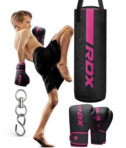 RDX Kids Unfilled Punching Bag Set 2FT, Non Tear Maya Hide Leather Kara Junior Hanging Bag for Kickboxing MMA Muay Thai Taekwondo Karate BJJ Strength Training, Home Gym Equipment - color: PINK