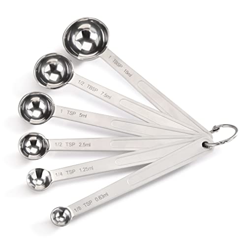 New Star Foodservice 43112 Stainless Steel Measuring Spoons, Set of 6, Round Metal Measuring Spoon Set with Ring Hook for Baking, Cooking, Spices, Wet and Dry Ingredients, Silver