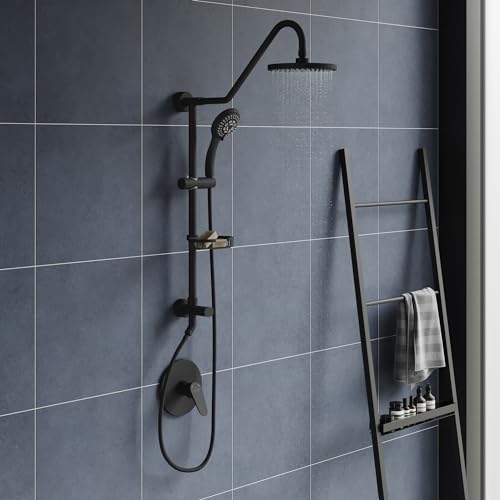 PULSE ShowerSpas Kauai III Matte Black Rain Shower Head with Handheld Spray - 1.8 GPM, 8" Showerhead, 5-Function HandShower, Adjustable Slide Bar - Shower Heads with Handheld Spray Combo - size: 1.8 Gallon Per Minute, style: Matte Black