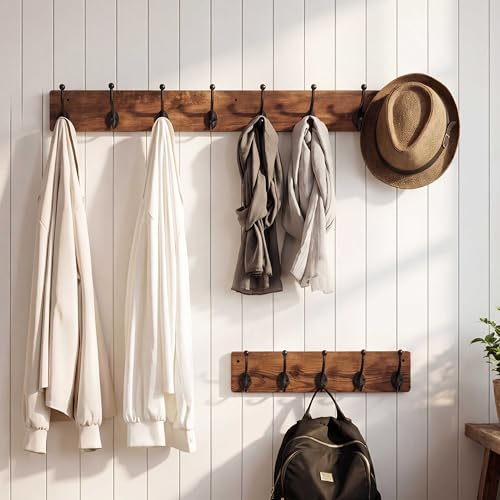 WEBI Rustic Coat Rack Wall Mount,35.43" Long 8 Cast Iron Coat Hooks Wall Mounted,Heavy Duty Wood Wall Coat Hanger Hooks for Hanging Coats,Jacket,Clothes,Backpack,Farmhouse,Rustic Brown - color: Rustic Brown, size: 35 Inch