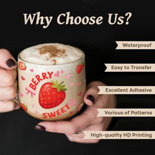 UV DTF Cup Wraps Transfer Stickers Strawberries with Cakes and Bows Pattern, 10 Sheets Waterproof Custom Vinyl Transfer Sticker 16oz Coffee Glass Cup Tumbler Bottle Mug Decals for Men Women - style: Strawberries with Cakes and Bows
