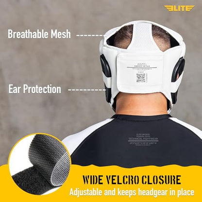 Elite Sports Boxing Headgear Men, Boxing Head Guard Sparring Gear, MMA Headgear Kickboxing Muay Thai Training Helmet, Protective Fighting Gear, Adjustable Face Protection - color: White
