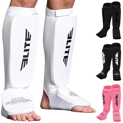 MMA Shin Pads for Muay Thai and Kickboxing, Protective Shin Guards with Instep Guard for Sparring and Training, for Adults, Kids, and Youth - color: White, size: Adult - S / M