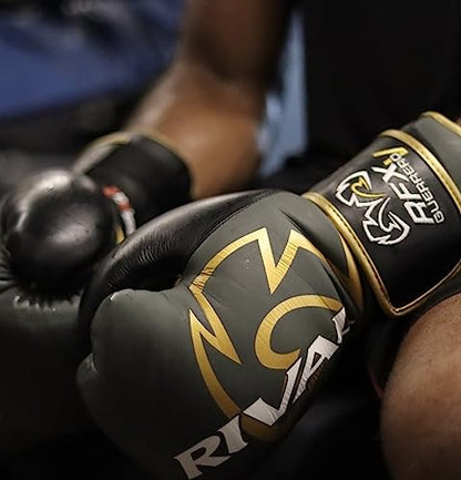 RIVAL Boxing RFX-Guerrero-V Bag Gloves, Multi-Layered Inner Foam Padding (HDEF), Premium Leather, Wrist Lock 2 System - color: Gray/Gold, size: 8 oz.