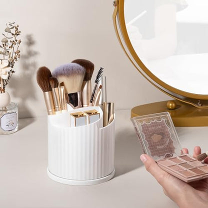 360 Rotating Makeup Brush Holder Organizer 5 Slots Make Up Brushes Cup Flower-Shaped Spinning Pen Holder for Vanity, Cosmetics, Lipsticks, White