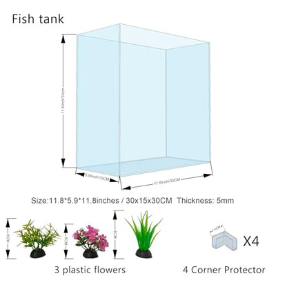 High-Clarity 3.5 Gallon Fish Tank 30 * 15 * 30CM - Low Iron Glass Aquarium with Space-Saving Thin & Narrow Designs | Includes Non-Slip Mat, Corner Guards + Decor | Ideal for Desktop/Bathroom - size: Small