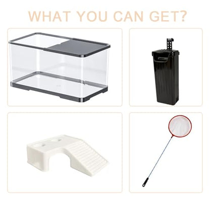 Turtle Tank Starter Kit, Upgraded Aquarium Fish Tank Kit with Filter,Fish Net, Reptile Habitat with Adjustable UV Lamp & Lid,Bask Platform for Crabs,Amphibians,Reptiles.(12"x7.7"x7.2")