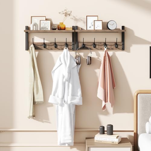 YMYNY Coat Rack Wall Mount with Shelf and Hooks, Silver Gray UHWS001Y-2 | 2 Pack Wooden Wall Mounted Coat Hanger with Shelf and 8 Double Hooks, Wall Coat Rack for Entryway Hallway Bedroom Bathroom - color: Silver Gray, size: 31.5"-2 pack