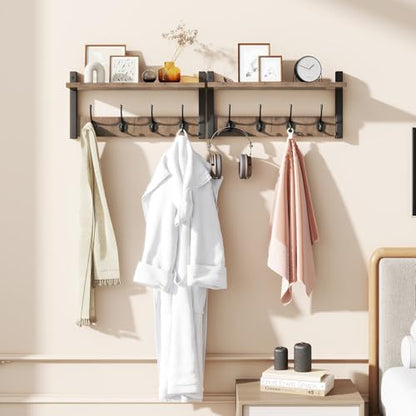 YMYNY Coat Rack Wall Mount with Shelf and Hooks, Silver Gray UHWS001Y-2 | 2 Pack Wooden Wall Mounted Coat Hanger with Shelf and 8 Double Hooks, Wall Coat Rack for Entryway Hallway Bedroom Bathroom - color: Silver Gray, size: 31.5"-2 pack