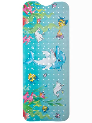Bath Mat Long 40x16 – Non-Slip Bathtub Mat with Secure Suction Cups & Drain Holes with Fun Dolphin Design - Bathroom Shower Mat for Tub for Kids and Toddlers (Bath Dolphin) - color: Dolphin Print