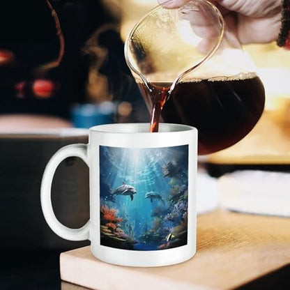 11oz White Ceramic Coffee Mug Funny Blue Ocean Underwater Fish Tea Cup Microwave & Dishwasher Safe, Lead-Free for Home Office Daily Use & Gifting