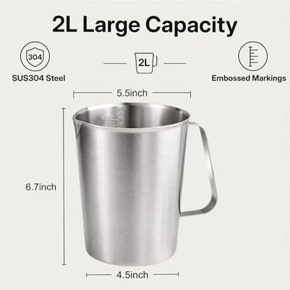 64Oz/8Cup Stainless Steel Pitcher (SUS304), 2 Liter Metal Container for Water, Milk, Liquid with Handle with Engraved Markings, Silver - size: 2000ML