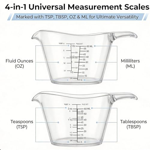 2-Pack Small Measuring Cups, 2 oz/60 ml Mini Measuring Cups, with Small Spoon/Large Spoon/Ounce/Milliliter Markings, Transparent 2 oz Cups, For Kitchen and Laundry
