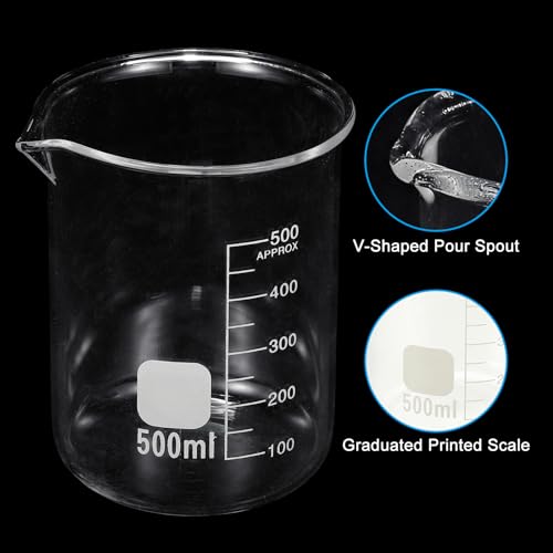 PATIKIL 500ml Glass Beaker, 2 Pack Measuring Glass Beaker Graduated Borosilicate Lab Cups Mug Low Form Heat Safe Transparent with Spout Label for Laboratory Science Kitchen Liquids - size: 500ml