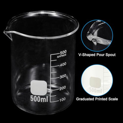 PATIKIL 500ml Glass Beaker, 2 Pack Measuring Glass Beaker Graduated Borosilicate Lab Cups Mug Low Form Heat Safe Transparent with Spout Label for Laboratory Science Kitchen Liquids - size: 500ml
