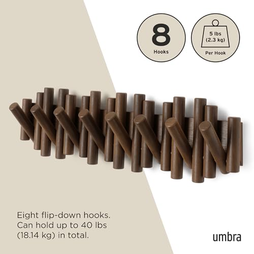 Umbra Picket Coat Rack, Wall Mount 8 Flip-Down Coat Hooks, Walnut - color: Walnut, size: 8-Hook
