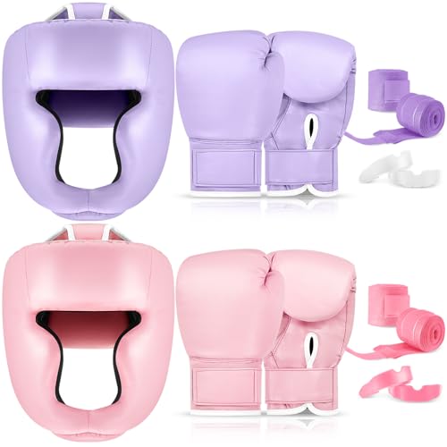 Kanayu 14 Pcs Boxing Gloves and Headgear Set for Beginners Youth 16 Ounce Boxing Gloves Headgear Helmet Hand Wraps Mouth Guards Equipment for Beginners Training Equipment Gifts - color: Purple, Pink