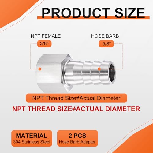 2 Pack Stainless Steel Hose Barb to NPT Female Adapter, 5/8" Barb x 3/8" NPT Female for Industrial, Automotive, Fluid Transfer, Home Gardening, and Water Treatment - size: 5/8" Barb To 3/8" NPT Female