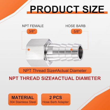 2 Pack Stainless Steel Hose Barb to NPT Female Adapter, 5/8" Barb x 3/8" NPT Female for Industrial, Automotive, Fluid Transfer, Home Gardening, and Water Treatment - size: 5/8" Barb To 3/8" NPT Female