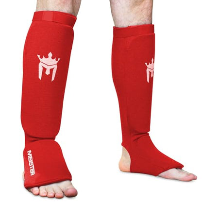 Meister MMA Elastic Cloth Shin & Instep Padded Guards (Pair) - color: Red, size: Large-X-Large