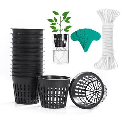 3 inch Net Pots for Hydroponics, 50 Pack Net Cups with Self Watering Rope & Plant Labels, Nursery Pots for Kratky Aquarium Plant, Hydroponic Baskets Garden Vegetables Growing