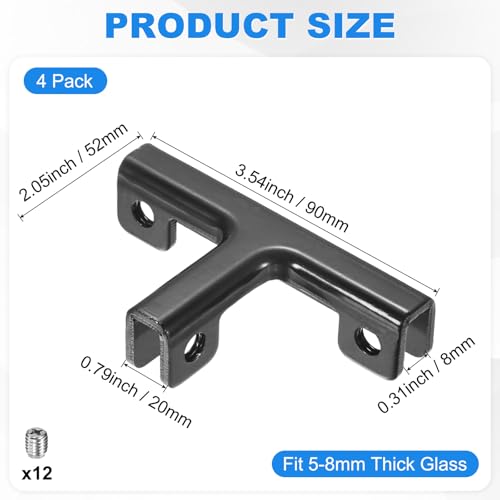 M METERXITY 4-Pack Glass Clamps, Aluminum Alloy T-Shaped Glass Connector Clip Holder for 2-7mm Thickness Panels/Display Cabinet/Aquarium/Fish Tank [Black] Combination Fixing Bracket